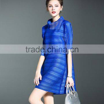 Women Striated Polo Neck Casual Pleated Dresses photo-2