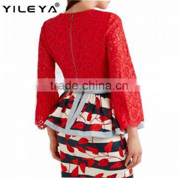Latest Spring Design Fashion Red Lace Blouses for Ladies Elegent Long Sleeve Women Tops photo-2