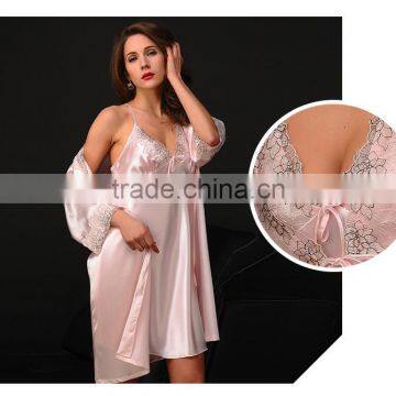 The new spring and summer factory pin emulation silk pajamas 7 minutes of sleeve embroidery elegant lace nightgown Sexy strap ni