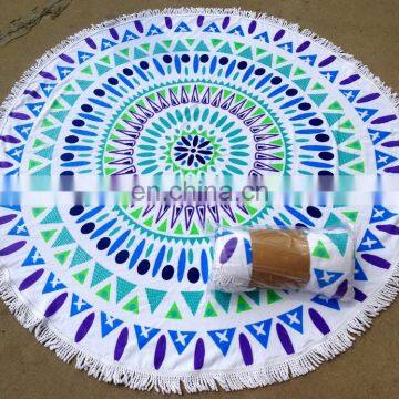 Printed velour %100 cotton round beach towel with polyester fringes