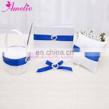 2016 New White Color Wedding Decoration Flower Basket Ring Pillow & Garter 5Pcs Set with Navy Blue Ribbon and Stone Heart