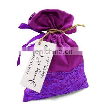 Charming satin wedding lace party favor drawstring bags with custom tag