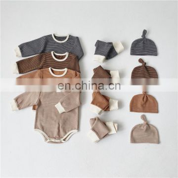 ins autumn and winter baby Korean style striped plus velvet thickened romper leggings three-piece suit (with hat)