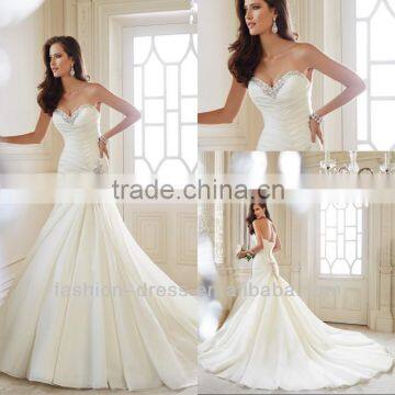 2014 New Beaded Sweetheart Neckline Pleated Ivory Organza Mermaid Wedding Gown