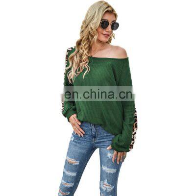 Custom Logo Spring and Autumn Women's Amazon Autumn and Winter New Long-sleeved Waffle Leopard Print Stitching T-shirt photo-5
