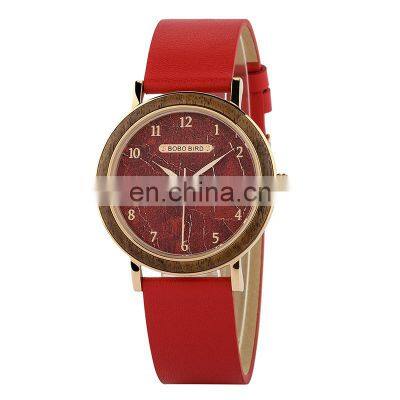 BOBO BIRD Women Light Watch Wood Red Leather Band Female Stainless Steel Wristwatches Customize Birthday Gift Dropshipping