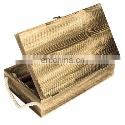 Dark Torched Wood Double Bottle Wine Case Top Handle Wood Wine Box Brown photo-2