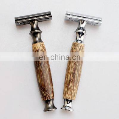 Foshan Professional Traditional Black Chrome Bamboo Wooden Ladies Shaving Double Edge Safety Razor With Engraving Logo