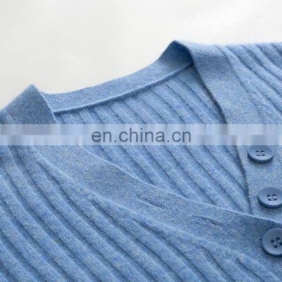 100% Solid Style Casual Spring Rib Knit Pullover V-Neck Cashmere Sweater for Women With Front Button Decoration photo-4