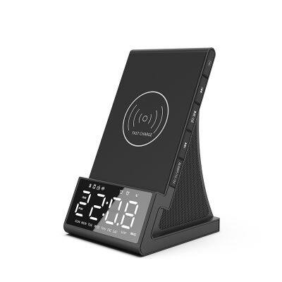 Multifunction 15W Quick Charging Magnetic Wireless Charger Station with Bluetooth Speaker LED Digital Alarm Clock Phone Holder