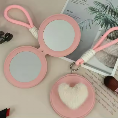 New Design Round Pocket Cosmetic Mirror With Rope Cute Style Travel Mirror PU Leather Magnify Compact Makeup Mirror Customized