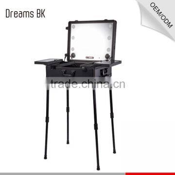 promotional high quality Aluminum makeup trolley case with lights and mirror inside