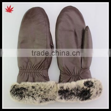 women brown rex rabbit fur cuff leather mitten glove