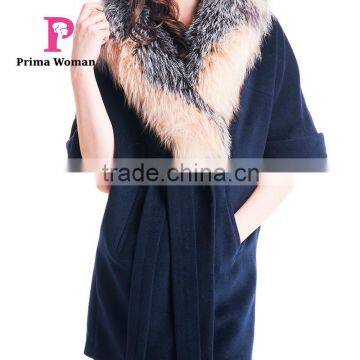 Autumn and Winter Length Seven Points Women Coat With Silver Fox Fur Collar Cashmere Overcoat photo-6