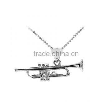 925 Sterling Silver Three Dimensional Trumpet Music Pendant Necklace