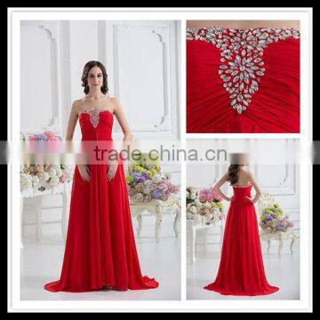 Real Sample Strapless Beaded Empire A-line Floor Length Pleated Red Satin Prom Dresses xyy07-042