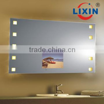 frameless TV mirror with lighting, illuminated hotel mirror