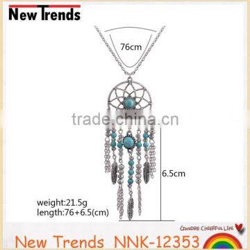 Indian tribal round alloy chain feather necklace with turquoise beads