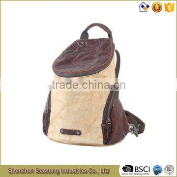 Fashion Linen Backpack with Real Leather Trim