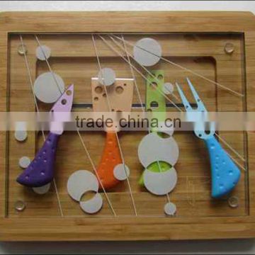 cheese kinfe set 4 with glass board and bamboo box