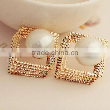 Fashion Ball White Pearl Earring Square Charm Gold Plated Stud Earring For Women