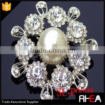 Silver Diamond White Pearl & Clear Rhinestone Flower Design Brooch
