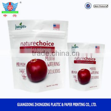 stand up resealable pouch for dried cranberry dried fruit package bag