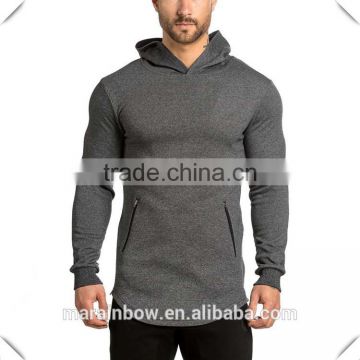 new fashion mens longline curved hem pullover hoodie with side zippers grey plain cotton elastane fleece fitness oem gym hoodie