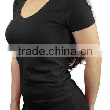 Women's Sexy Scoop Neck T Shirt Cotton Spandex Workout T Shirts Soft Yoga Top Slim Fit Black Plain T-Shirt