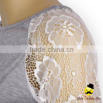 2017 Spring Cheap Adult Lady Transparent Lace Floral Long Sleeve Plain Gray Breathable Cotton Raglan Casual Shirt photo-4