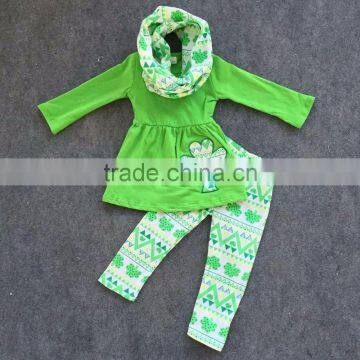 1-9T cute toddler St.Patrick girls baby kids clothes green top Aztec pant new design hot sell boutique 3 pieces scarf sets