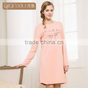 Hot Selling Qianxiu Trandy Long Sleeves Women 100% Wholesale Cotton Night Dress