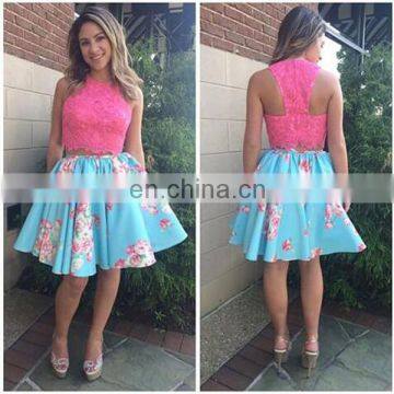 Floral Printed Two Piece Jewel A Line Formal Party Dress Mini Satin Lace Modern Prom Dress