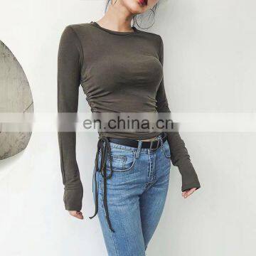 Spring&Autumn Hot Selling Custom Logo Women Pleated Slim Bottoming Shirt Stretch Round Neck Long Sleeve knitted Ladies Crop Tops