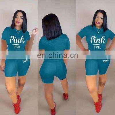 Brand Pink Print Fitness Shorts Set Tracksuit Women Clothing 2 Pcs Set Sweatsuit Woman Short Tshirts Plus Size Two Piece Outfits photo-5