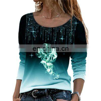 Factory Outlet Christmas 2021 European and American New Long Sleeve Loose Round Neck Casual Hedging Rose Print T-shirt Women