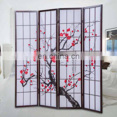 Wooden foldable 4 panel room separator dividers decorative panels removable room partition with plum bossom pattern