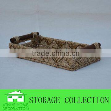 Rectangular Seagrass Woven Decorative Table Storage Tray With Wood Handle