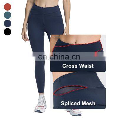 New Arrivals High Waisted Workout Gym Fitness Yoga Leggings Pants With Pockets Cross Waist and Spliced Mesh Design for Women photo-2