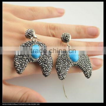 LFD-066E Wholesale Charms Turquoise With Crystal Rhinestone Paved Crescent Shape Dangle Earrings