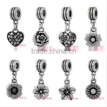 Vnistar New dangle charm beads Antique silver plated single flower style charm beads fit for European bracelet