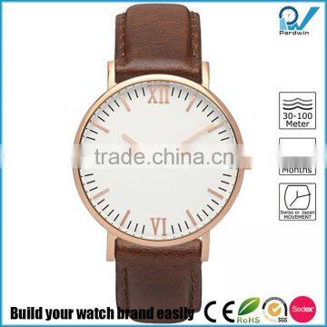 Unisex polished stainless steel case in rose gold italian genuine leather strap vintage watch