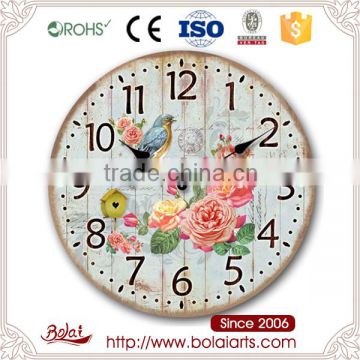 Ancient style vibrant garden flowers and birds pattern decoration wall clock for supermarket