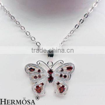 Women Accessory Butterfly Lady Red Garnet 925 Sterling Silver Necklace Pendant 1 1/4''