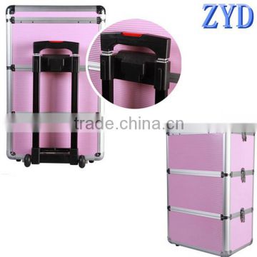 ZYD-HZ0724 aluminum trolley rolling cosmetic vanity box makeup organizer pink beauty trolley case