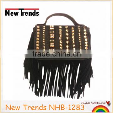 Fashion black leather handbag with studs and tassels