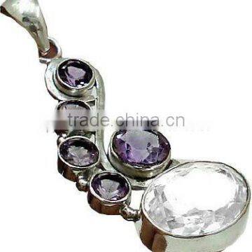 Sterling Silver Blue Topaz & Garnets Pendant , Semiprecious Pendant K1202 photo-3