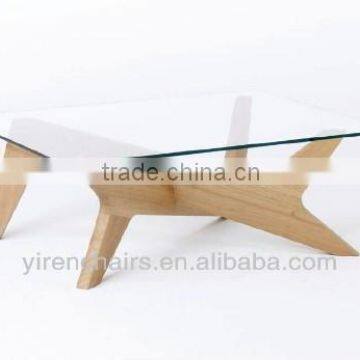 High quality living room furniture glass top with solid wood base table/Modern design solid wood glass top meeting table