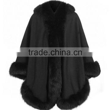 2016 New Cape wool shawl Hand Made Wholesale Cashmere And Fox Fur Trim Cape