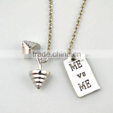 2016 Dumbbell Necklace "I CAN" Fitness Weightlifting Gym Jewelry Figure Bodybuilding Collier Necklaces for Men Women photo-5